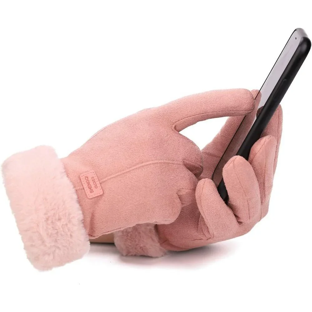 Women's Faux Suede Gloves Furry Cuffs Touchscreen Warm Fleece Lined
